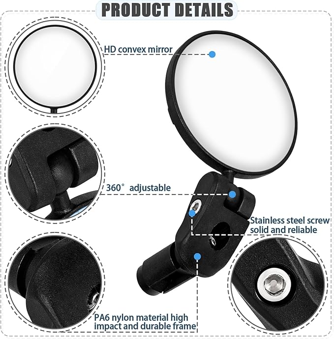 TAGVO Bar End Bike Mirrors, HD Wide Angle Bicycle Rear View Mirrors, 360 Dregree Adjustable Rotation Handlebar Convex Mirror for Mountain Road Bike Cycling (2 PCS)