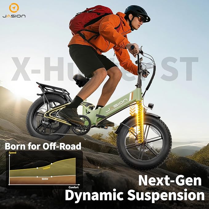 Jasion X-Hunter ST/PRO Foldable Electric Bike for Adults with 20'' Fat Tire,Up to 71-80 Miles Range Ebike,1800W/1400W Peak Motor,30+MPH E Bike,Full Suspension&Dual Hydraulic Disc Brakes Bicycles