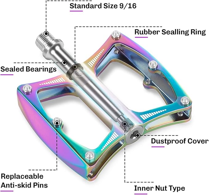 Hikenture Road Bike Pedals Mountain Bicycle Flat Pedals 9/16" Sealed Bearing Lightweight Aluminum Alloy Colorful Wide Platform Cycling Pedal for BMX/MTB(A)