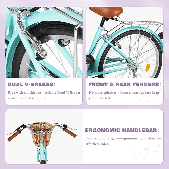 Betterland Beach Cruiser Bike for Women, 24/26 inch Hybrid Bike with Adjustable Seat, Womens Bike with Front Basket and Dual V-Brake, Step Through Comfort Bicycle for City Commuter