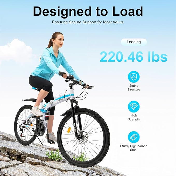 26 Inch Folding Mountain Bike, 21 Speed Foldable Bike for Adults, Folding Mountain Bike High Carbon Steel Full Suspension MTB Bicycle for Men, Women, Youth, Adults