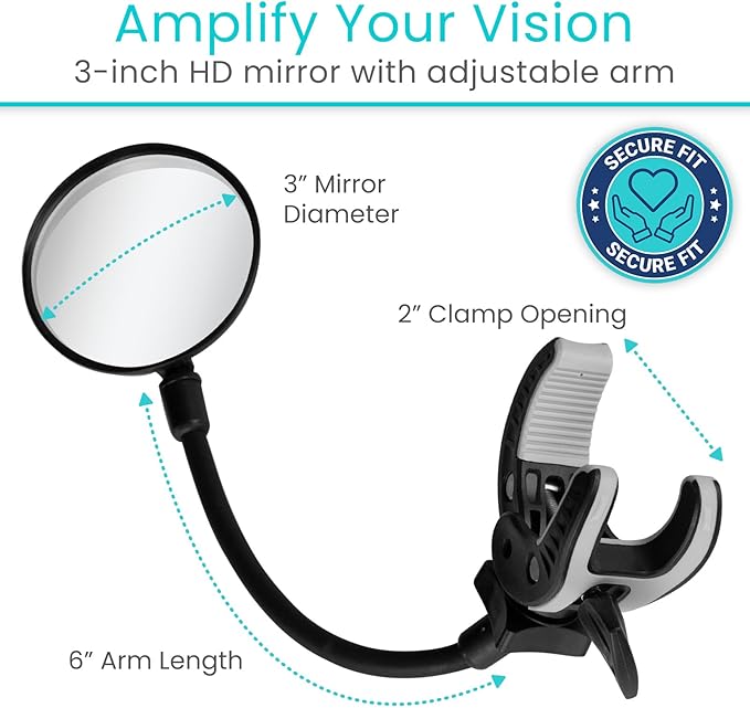 Vive Rear-View Side Mirror - Designed for Scooters, Bikes, Motor Vehicles, Bicycles, Handlebars - Clamp On Scratch Resistant Glass - 360 Rotatable, Adjustable, Universal Fit, Wide Angle Safety Support