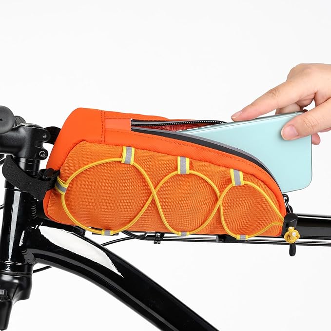 Bike Top Tube Bag Waterproof Bicycle Front Frame Bag Top Tube Bike Pouch for Road Mountain Bicycle Outdoor Cycling Travel Hiking（Orange）
