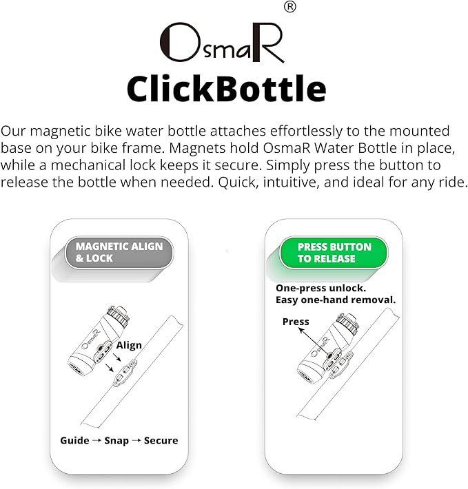 OsmaR Magnetic Bicycle Water Bottle 15oz (450ml) – Dual-Lock Quick-Release Squeeze Bottle with Push-Button Mechanical Lock, Bike & Backpack Mount