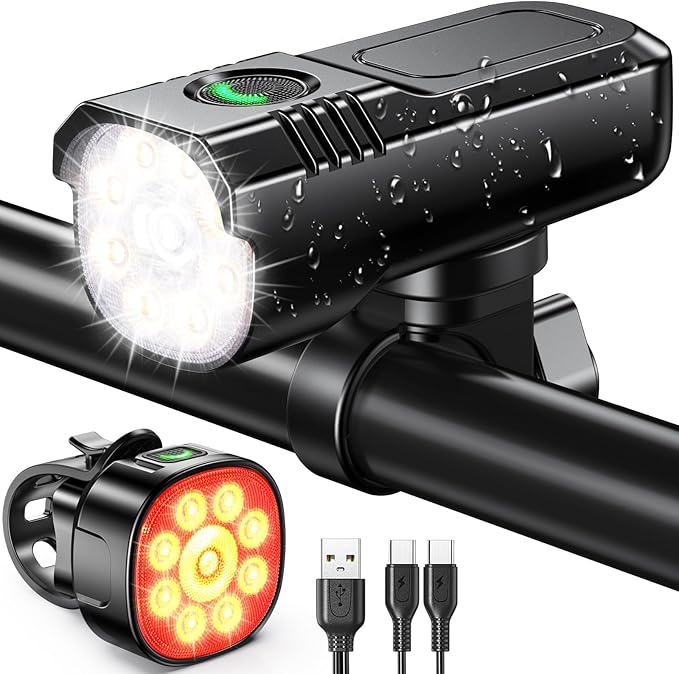 High Lumen Super Bright Bike Lights for Night Riding, Adjustable Modes Bicycle Lights Front and Rear, Rechargeable & IP65 Waterproof Bike Headlight and Taillight Set for Cycling Electronics