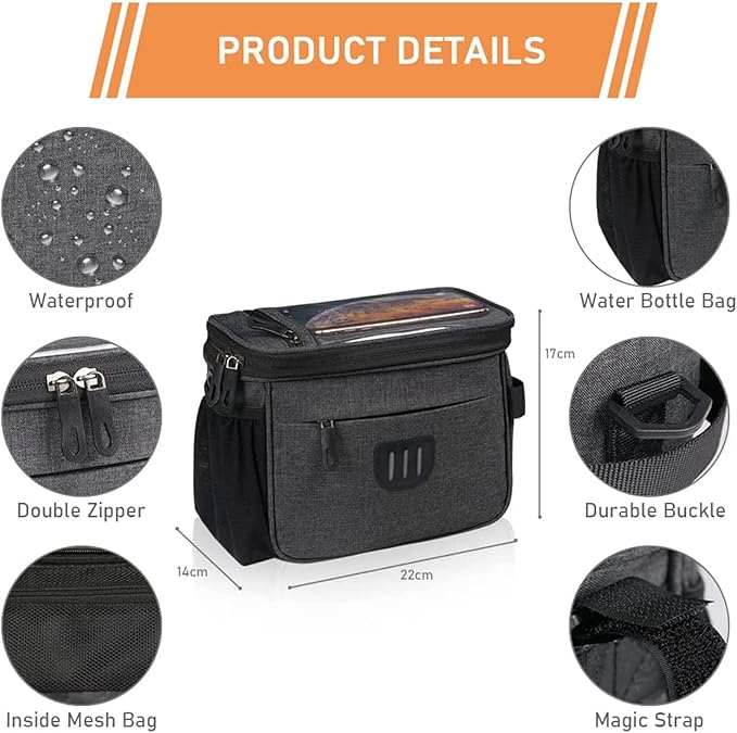 Bike Handlebar Bag Bicycle Front Bag Shoulder Bag Storage Bag with Shoulder Strap for Road Mountain Bike Cycling Travel -Grey