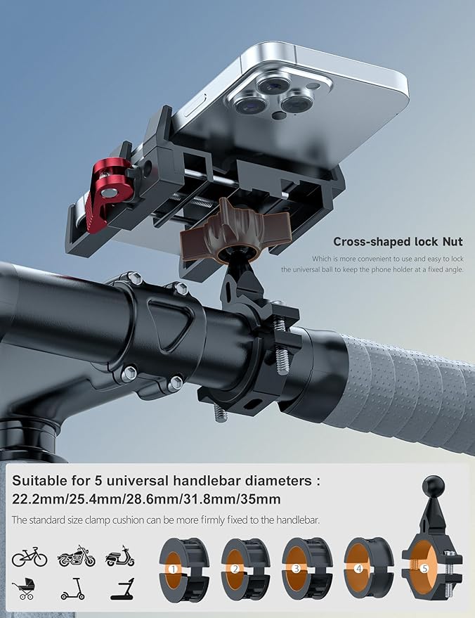 Tiakia Bike Phone Mount Holder, Aluminum Motorcycle Phone Mount, Handlebar Mounted Cell Phone Holder for Bike, 360° Rotation, Universal Bicycle Phone Mount for 4.5-7 Inch Phones (Upgrade-Black Red)