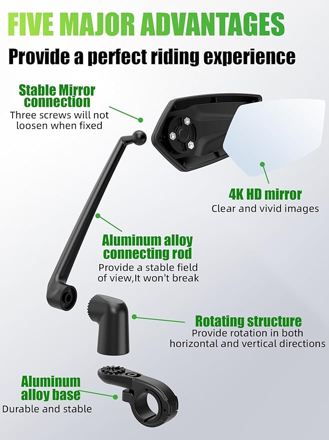 RBRL Bike Mirror, 3D Adjustable Arm for Extended Reach, Aluminum Alloy Anti-shake Bicycle Rearview Mirrors, 360° Panoramic Rearview, Wide Angle Shatterproof & Foldable E-bike Mirror(right)