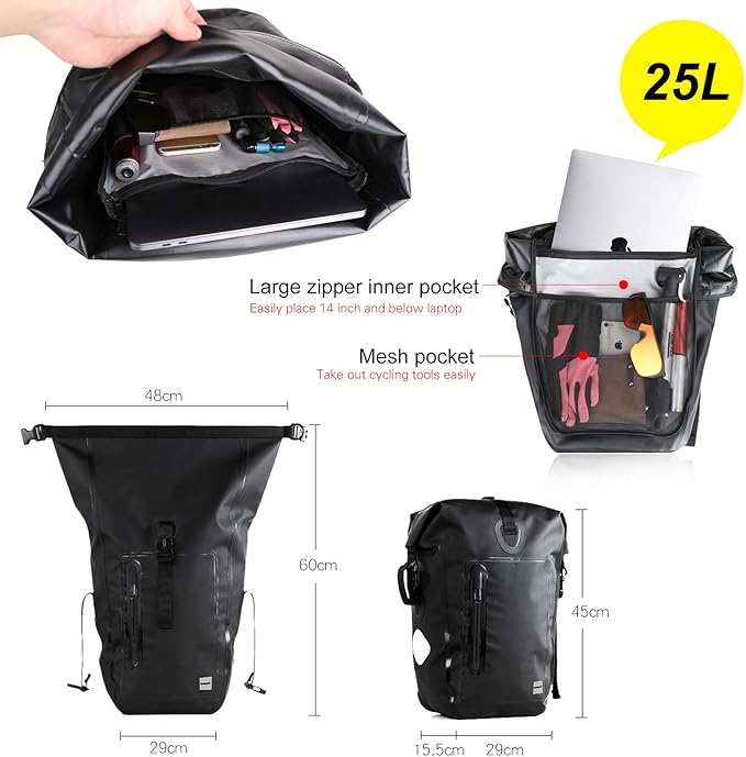 Rhinowalk Bike Pannier Bag Waterproof Bike Bag 23L for Bicycle Cargo Rack Saddle Bag Shoulder Bag Laptop Pannier Rack Bicycle Bag Professional Cycling Accessories-Black