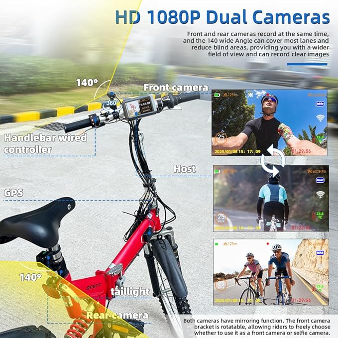 VSYSTO Bicycle Rear View Camera, WiFi GPS 4 Inch Screen HD 1080P Selfie and Rear Camera Dash Cam Handlebar Wired Controller Bike Mirror, Auto Power on/Off, Temperature and Calorie Display (F3)