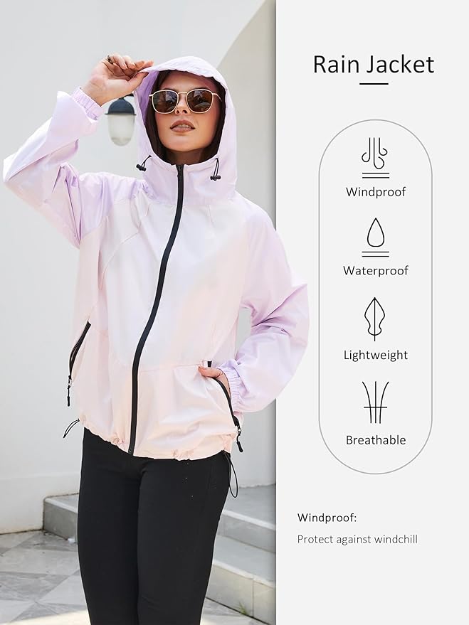 PITINAN Lightweight Rain Jacket Women Packable Wind Breaker Light Rain Jacket Women Waterproof Travel Raincoat S-XXL