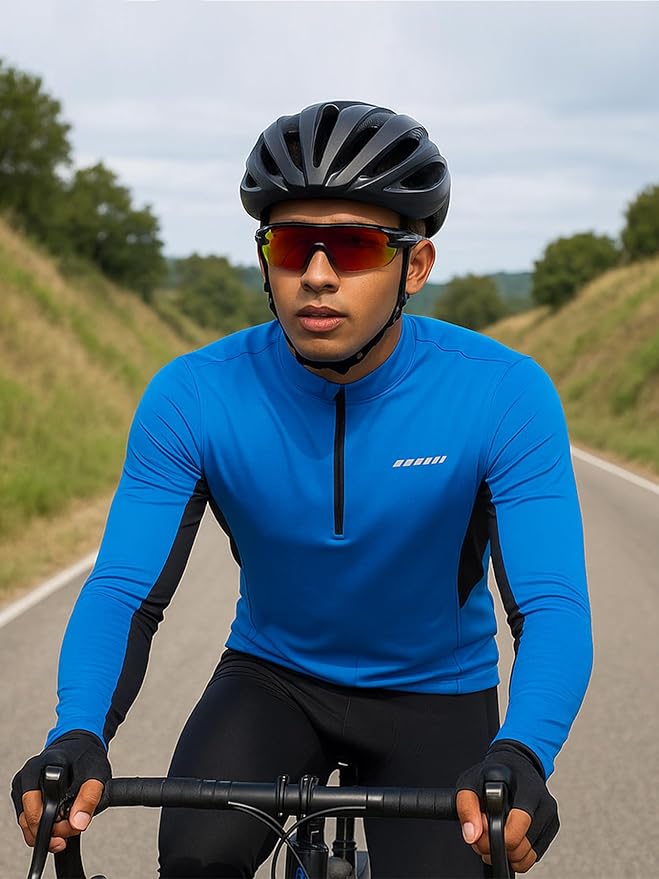 qualidyne Men’s Cycling Jersey Long Sleeve, Quick Dry Moisture-Wicking, UPF 50+, Half Zip Bike Shirt with 3+1 Pockets