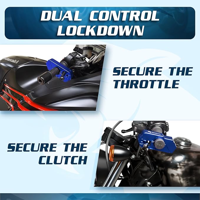 Heavy Duty Motorcycle Grip Lock - Brake/Handlebar/Throttle Lock Secures Bike, Scooter, Moped, ATV in 5 Secs! - Anti Theft with Free Holster (Blue)