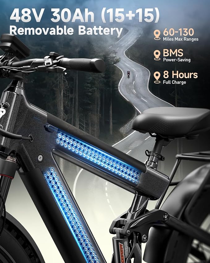 PUCKIPUPPY 1350W Electric Bike for Adults, 130 Miles Dual 48V 30Ah Long Range Ebike with Torque Sensor | 28MPH | 8-Speed | 26"x4" Fat Tires | Full Suspension | Long-Distance Travel (Bulldog Pro)