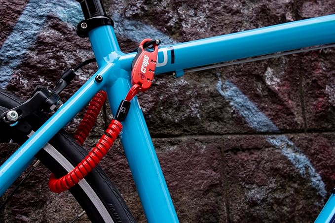CROPS Q-BIRO Compact Bike Lock Cable, 6 ft, Red Anti-Theft 3-Digit Resettable Combination Lock with a Shape-Memory Coiled Cable and BIROTATION Technology