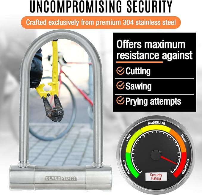 BLACKSTONE Stainless Steel U Bike Lock - 130dB Alarm, Reinforced 14mm Shackle - Ideal for Urban Cyclists & E-Bikes w/Double-Looped Steel Cable