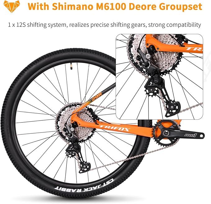 TRIFOX Carbon Fiber Mountain Bike,29er Carbon Mountain Bike with Shimano M6100 Deore Groupset 12-Speed,Carbon Fiber Frame,Hydraulic Fork 130mm Travel,/17/19 inch