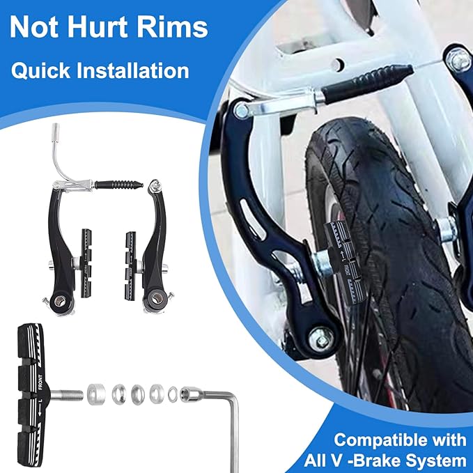 Bike Brake Pads Set, 70mm Universal V-Brake Blocks for Mountain and Road Bicycles, No Noise, No Skid, Includes Hex Wrench, Nut, and Shims for Front and Rear Wheels 2Pairs