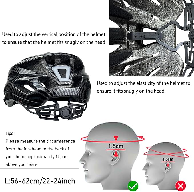 Bike Helmet for Adult Men Women with Multi-Mode Rear LED Light, with Suggested Fit 56-62cm, Lightweight with Adjustable Dial, Side and Chin Strap, Carbon Black Shiny Surface