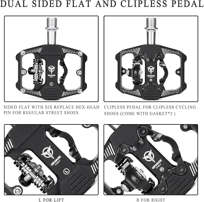 Mountain Bike Pedals - Dual Function Flat and Clipless Pedal - 3 Sealed Bearing Platform Pedals Compatible with SPD, Bicycle Pedals for BMX Spin Exercise Peloton Trekking Bike