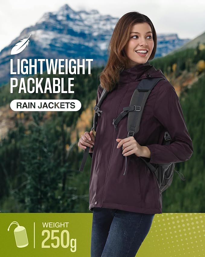 33,000ft Women's Rain Jacket Waterproof Lightweight Packable Raincoat with Hood for Golf Hiking Travel Windbreaker
