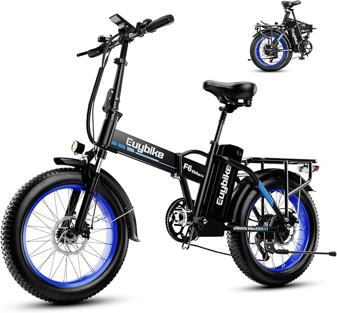 Foldable Electric Bike for Adults, 30+MPH, 48V 20Ah Removable Lithium Battery up to 80Miles, 20" Fat Tire 1000W Peak Motor Dirt Ebike Adult Electric Bicycle for Beach Mountain E Bike Blue Black