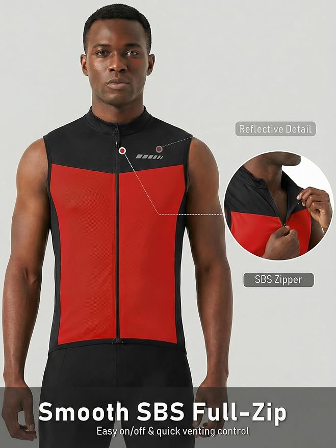 qualidyne Men's Sleeveless Cycling Jersey, Full Zip, Quick-Dry Moisture-Wicking Knit, 3 Rear Pockets, Reflective Details