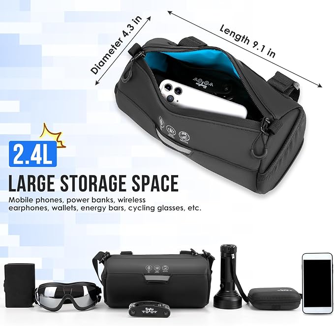 WOTOW Bike Handlebar Bag Waterproof - Bicycle Handlebar Roll Bag with Large Reflective Area, Bike Front Pouch with Waterproof Zipper Shoulder Strap Removable Straps for Cycling (Cylinder, 2.4L)