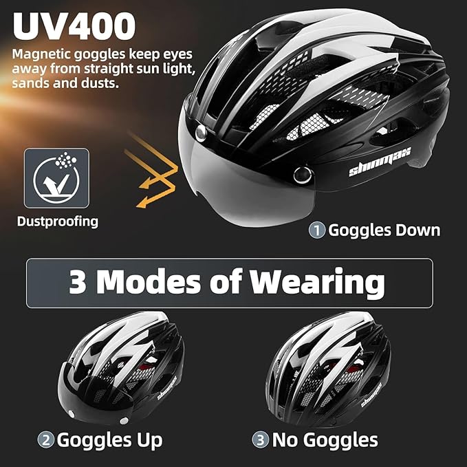 Shinmax Bike Helmet, CPSC/CPC Bike Helmet for Adult Men Women with Magnetic Goggles&Led Back Light Cycling Helmet Adjustable SM-T69