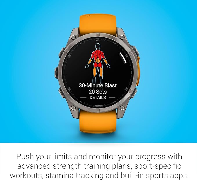 Garmin Fenix 8 Premium Multisport GPS Running Smartwatch, 47 mm | AMOLED, Dive-Rated, Built-in Flashlight | Titanium with Spark Orange/Graphite Band with Signature Series Charging Stand