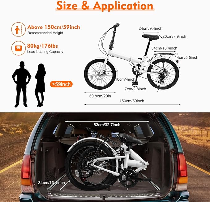 20-inch Foldable Bike Folding Bicycle with 7-Gear Transmission, Front and Rear Disc Brakes Bicycle Made of Aluminum Alloy Folding Bike Suitable for Men Riding, Women Riding
