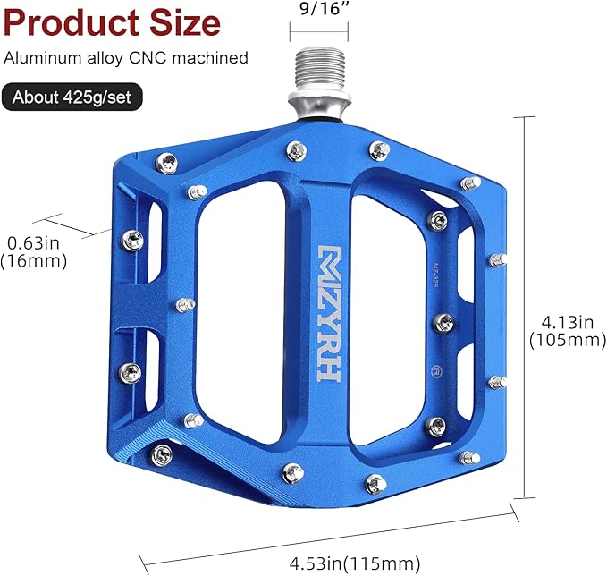 MZYRH Road/Mountain Bike Pedals MTB Pedals Aluminum Alloy Bicycle Pedals 9/16" Sealed Bearing Lightweight Platform for Road Mountain BMX MTB Bike