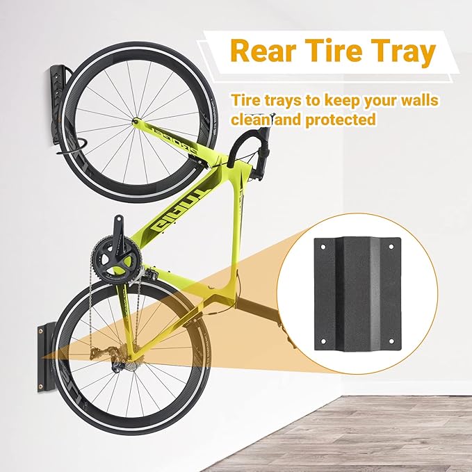 Bike Wall Mount Bike Rack Garage for Mountain Road Bikes Bicycles, Vertical Bike Rack with Screws and Tire Tray Hold up to 60lbs for Garage, Shed, Indoors- (2 Sets)