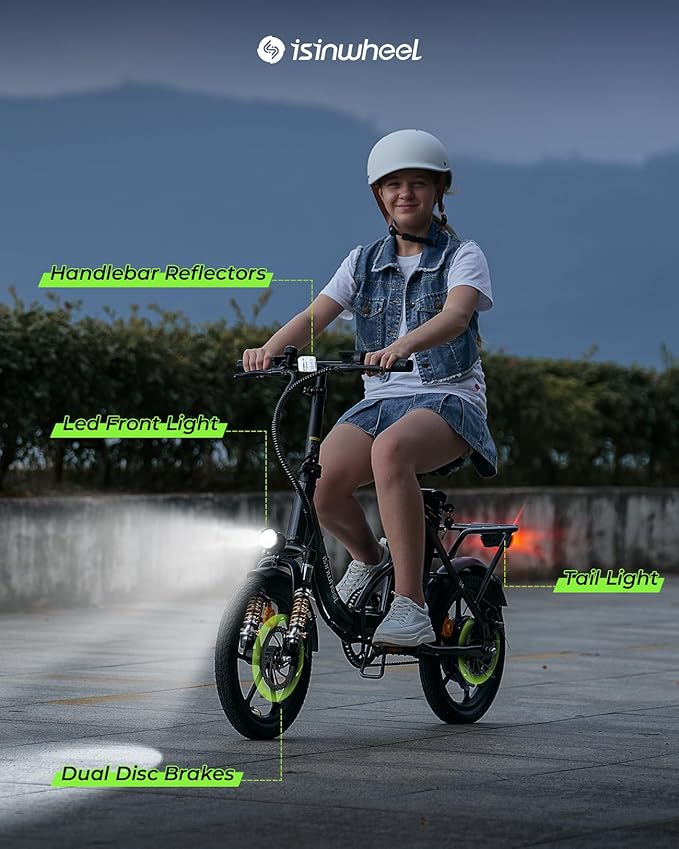 isinwheel U4 16" Folding E Bike for Adults Electric Bike with Suspension, 10.4Ah Battery, 500W Motor, 19mph Top Speed, Step Through Adult Electric Bicycles, Mini Commute Ebike for Adults and Teens