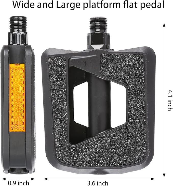 City Road Bike Pedals, Engineering Plastics with Reflector, E-Bike Universal Fit Bicycle Flat Platform Pedal 9/16" Compatible