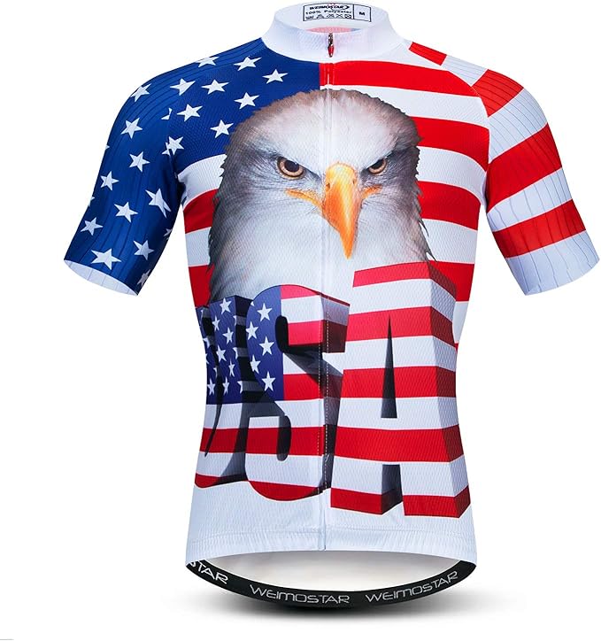 Cycling Jersey Short Sleeve USA Style Bike Tops with Pocket Reflective Stripe