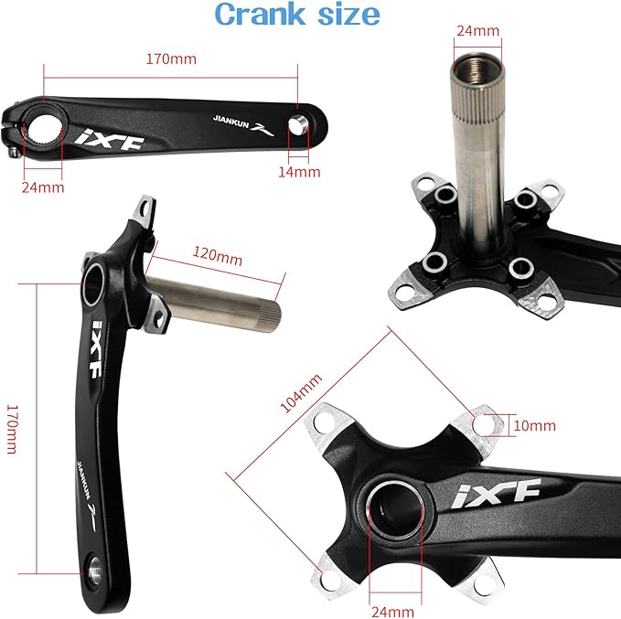 ZTZ Mountain Bike 170mm Crankset with 104 BCD 32/34/36/38T Chainring, Aluminum Alloy MTB Crank Narrow Wide CNC Round Chainring Bolts Fit for Mountain Bike, Road Bike Crank