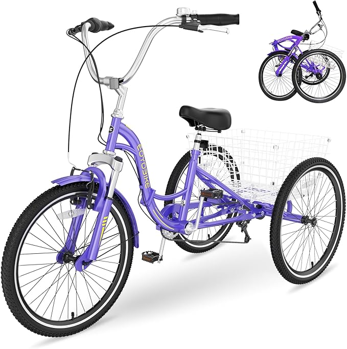 NAIZEA Folding Adult Tricycle - 7 Speed 20/24/26 Inch Folding Tricycle for Adult, 3 Wheel Bike, Foldable Trike with Large Basket/Low-Step Through for Men Women Senior