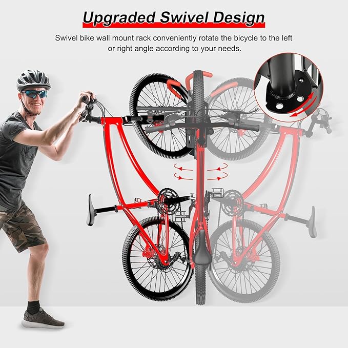 Bike Storage Rack Wall Mount,Swivel Vertical Mountain Road Bike Rack Hanger For Garage Indoor Use,Heavy Duty Metal Bicycle Storage Rack Holder Space Saving W/Extendable Storage Hook,Holds Up to 77lbs