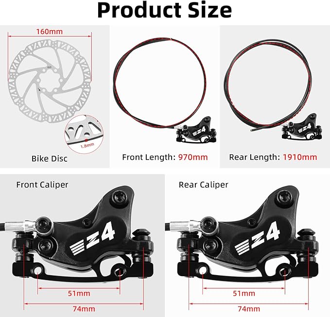 Hydraulic Disc Brake Set for E-bike, 4-Pistons 2-PIN Power-Off Pre-Bled with Mineral Oil Brakes Kit with 2Pcs 160mm 2.2mm Thick Rotors for eBike, Mountain Bike, Road Bike