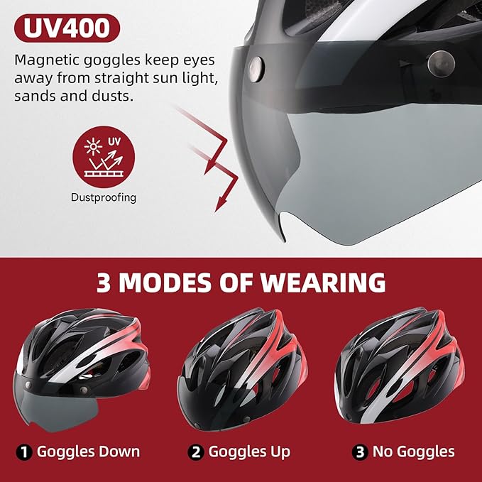 Adult Bike Helmet, Bicycle Helmet with Rear LED Light & Detachable Magnetic Goggles,Cycling Helmet Adjustable for Men Women Mountain & Road