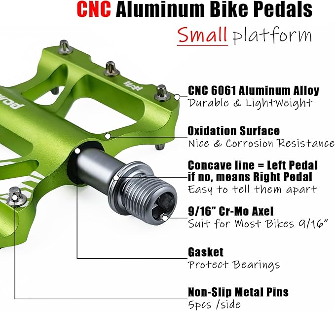 Youth MTB Mountain Bike Colored Pedals, Small Road Bike Pedals Womens MTB Flat Pedal, Kids BMX Pedals for Children's bicyle and Kid's Bike 9/16, CNC Aluminum Pedal w Cr-Mo Axel, 2Bearings,10Pins