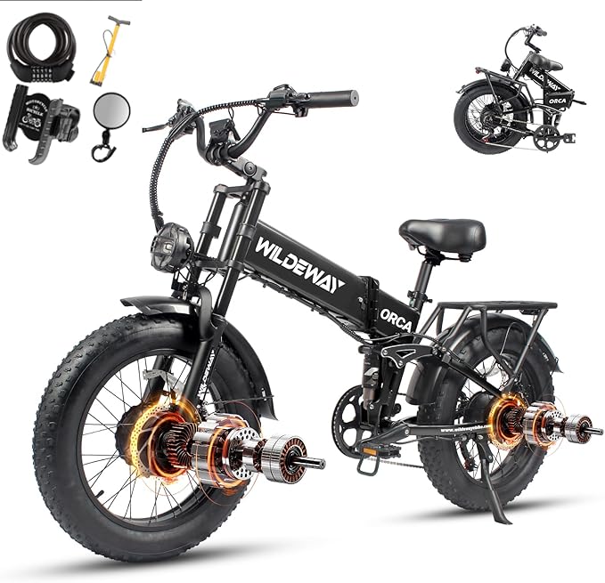 Wildeway Dual Motor 20" Fat Tire Electric Bike 2300W 20Ah Removable Battery 28 MPH Folding Ebike Off Road Mountain Full Suspension Long Range Foldable Electric Bicycle for Adults Men 2 Seat