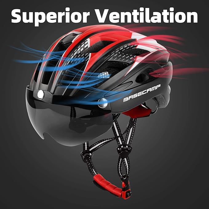 Bike Helmet, Basecamp Bicycle Helmet with Rear Light & Detachable Magnetic Goggles Lightweight Cycling Helmet Adjustable for Adult Men Women Mountain & Road (BC-069)