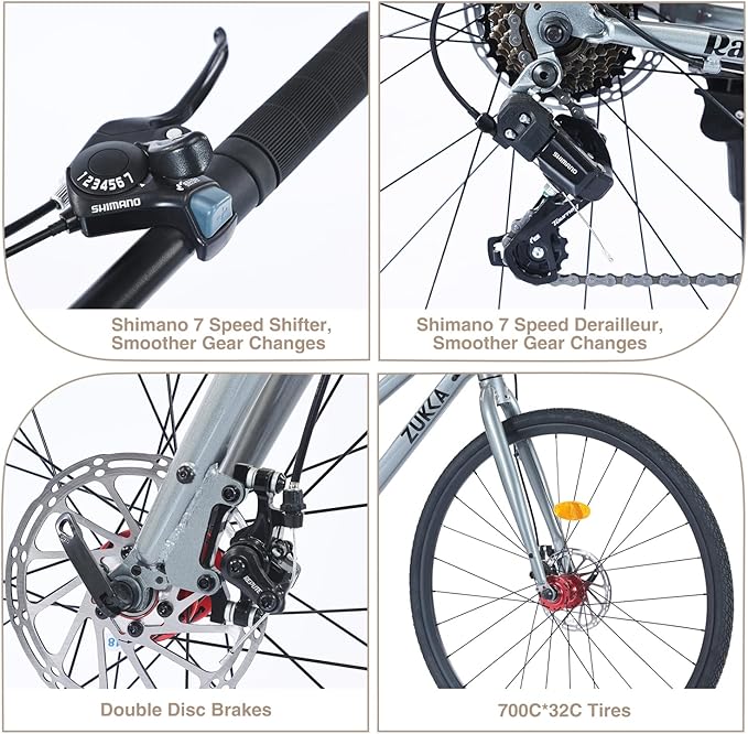 700C Road Hybrid Bike City Commuter Bicycle with 7 Speed/Front and Rear Disc Brakes/Steel Frame for Men Women Adult Available in A Variety of Colors