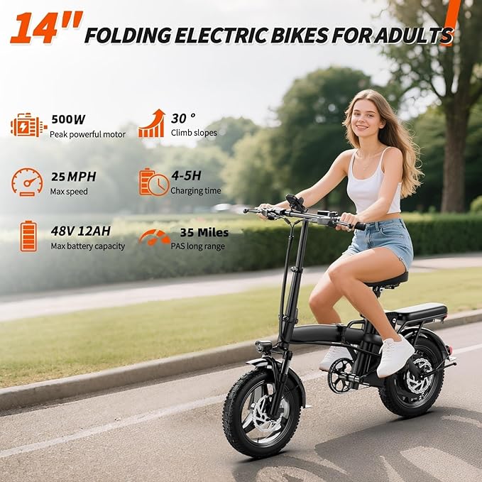 Folding Electric Bike for Adults & Commuters | 500W Motor 25MPh | 48V 12Ah Battery 35-Mile Range | 30° Hill Climb | 3-Level Pedal Assist | 14" Wheels Dual Disc Brakes | Ul 2849 Certified