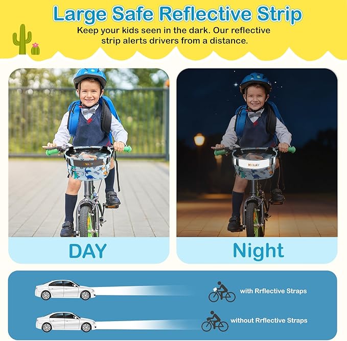 Kids Bike Basket Bag, Waterproof Bicycle Basket Pouch for Girls Boys 6-10, Children's Front Handlebar Bag with Reflective Safety Strap & Detachable Shoulder Strip, Fit Toddlers Bikes Tricycle Scooter