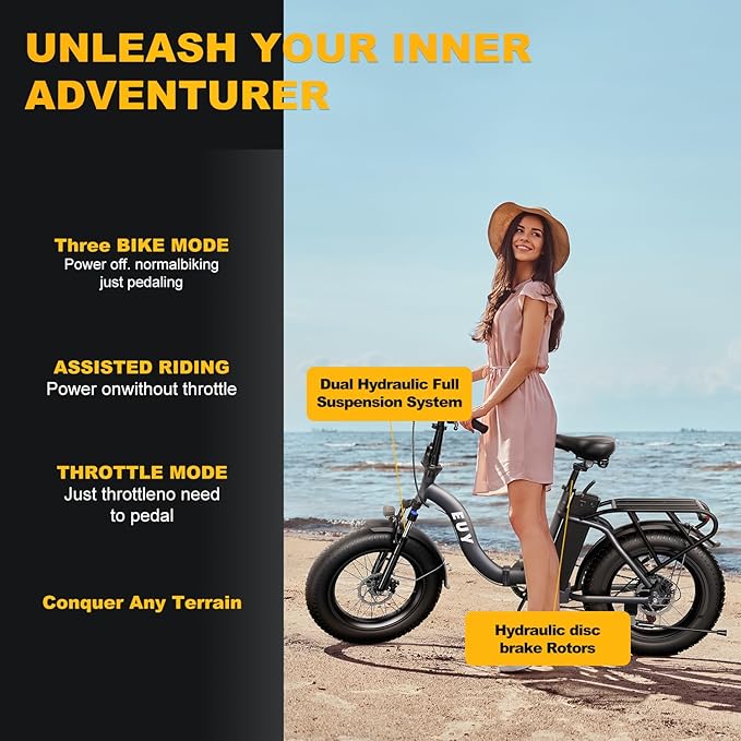 EUYBIKE1000W Folding Electric Bike for Adults,30mph Max Speed, 15AH Removable Battery Ebike, 20" 3 Fat Tire Electric Mountain E Bike with 7-Speed,Adult Electric Bicycles for Commute Beach Snow Blueb…