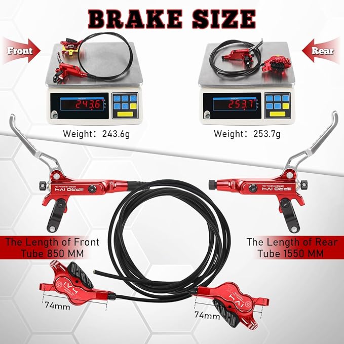 BUCKLOS IIIPRO IV4 4 Piston MTB Hydraulic Disc Brake Set, Front 850mm and Rear 1550mm Mountain Bike Hydraulic Brakes with Aluminum Alloy Caliper Lever Fit Ebike,Fat Bike Trail Bicycle XC AM DH BMX