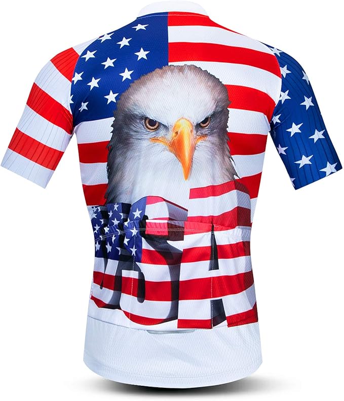 Cycling Jersey Short Sleeve USA Style Bike Tops with Pocket Reflective Stripe
